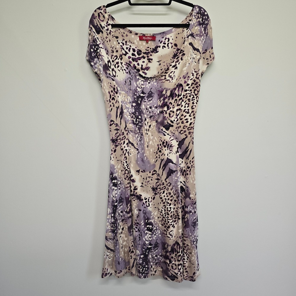 Max Mara Studio Dress Womens L Purple Animal Print Silk Scoop Neck Mobwife Y2K